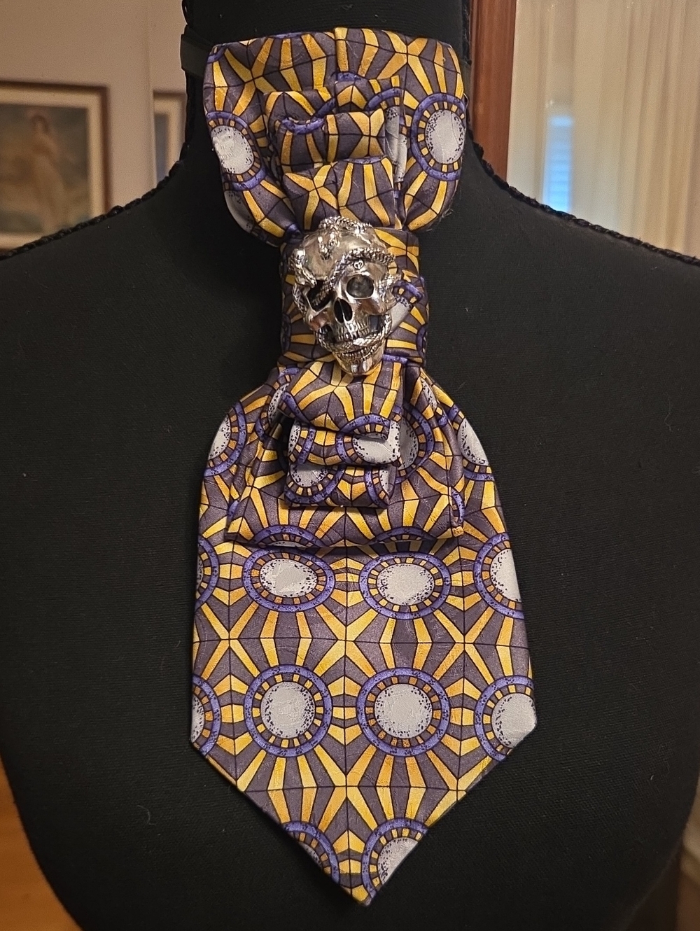 Grateful Dead Purple and Gold Geometric Cravat with Skull Pin
